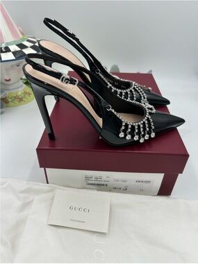 Women’s Gucci GUINEVERE black patent sling back pumps with Crystal chain size 39